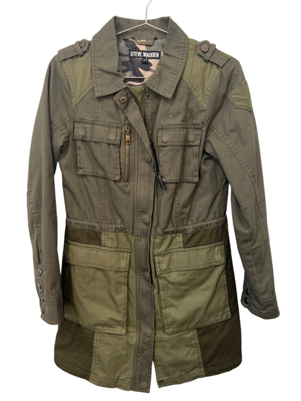 Steve Madden Snap Full Zip Utility Jacket Womens S Camo Patchwork Green Outdoor